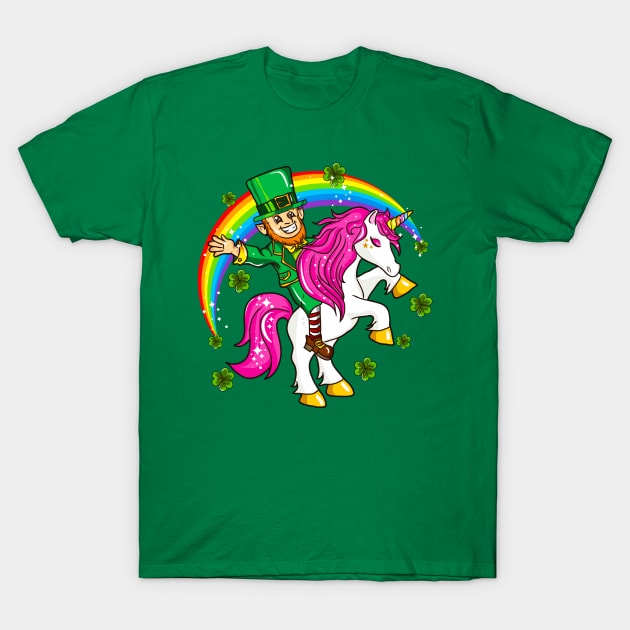 St Patricks Day Leprechaun Riding Unicorn T-Shirt by E